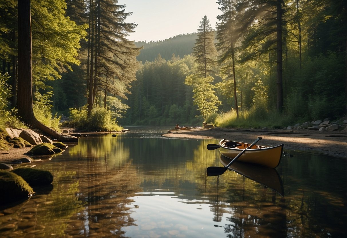 A calm river flows through a lush forest, with a kayak and paddles resting on the bank. Sunlight filters through the trees, casting dappled shadows on the water. A small campsite is set up nearby, with a fire pit and