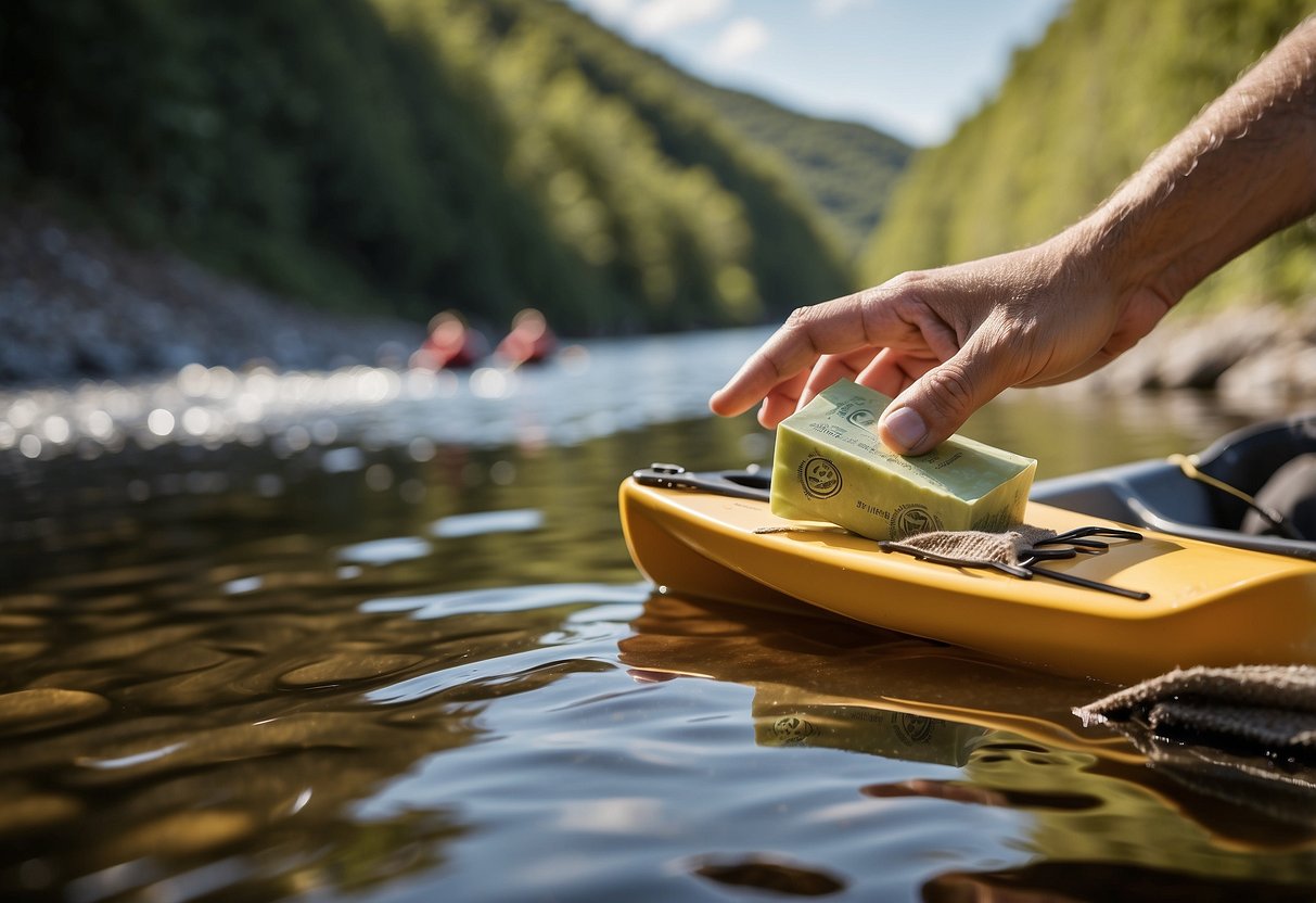 A hand reaches for a biodegradable soap packet next to a river. Paddles and a kayak are visible in the background