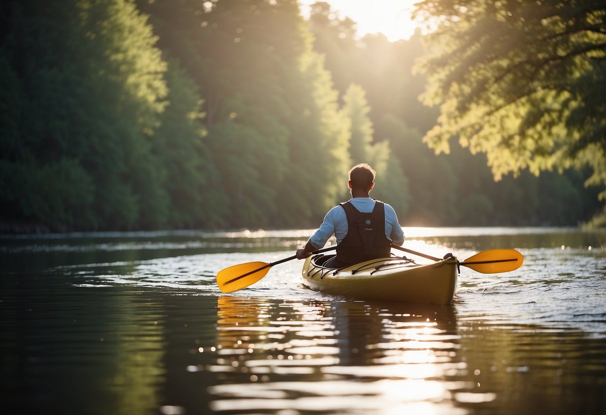 A person paddling on a serene river, with a kayak and a microfiber towel strapped to the deck. The sun is shining, and the water is calm