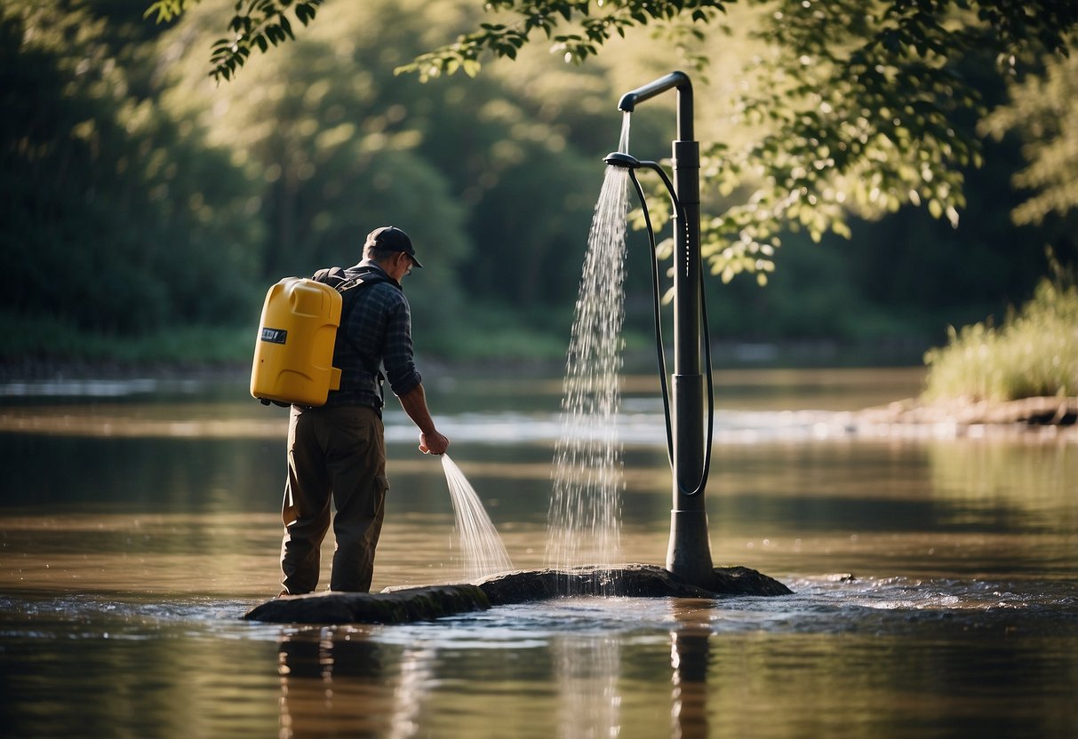 A person sets up a portable shower next to a river, surrounded by trees. They are using a water pump to create a stream of water for cleaning themselves after a paddling trip