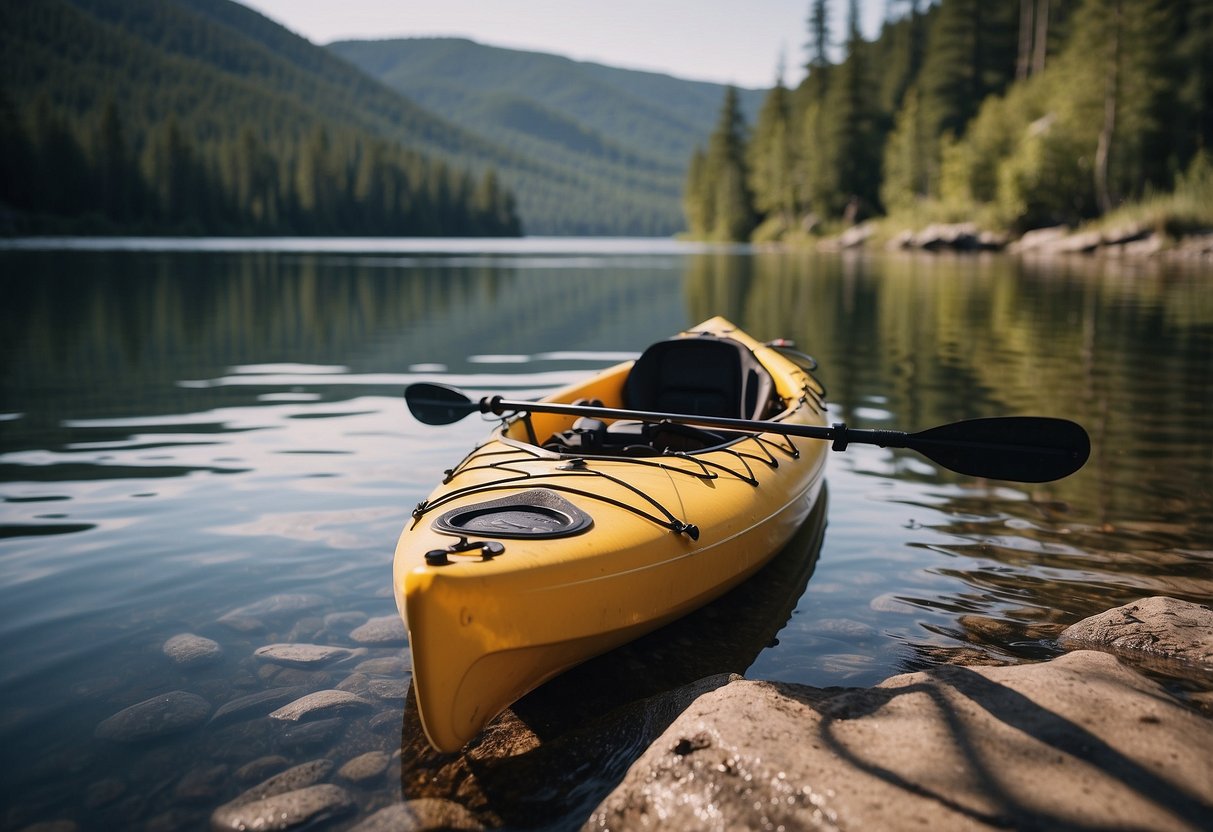 A kayak sits on a calm river, with a wet bag secured to the deck. Paddles lean against the boat, and a pristine shoreline stretches beyond