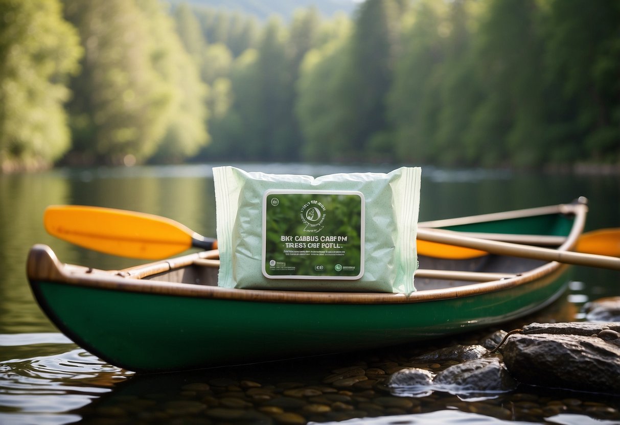 Eco-friendly wet wipes on a canoe, paddle, and camping gear. Nature background with water and trees