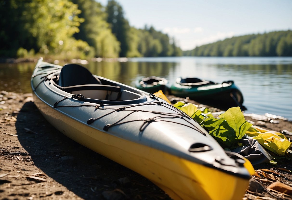 A kayak sits on the shore, with a stack of trash bags nearby. The sun shines on the calm water, surrounded by trees and wildlife