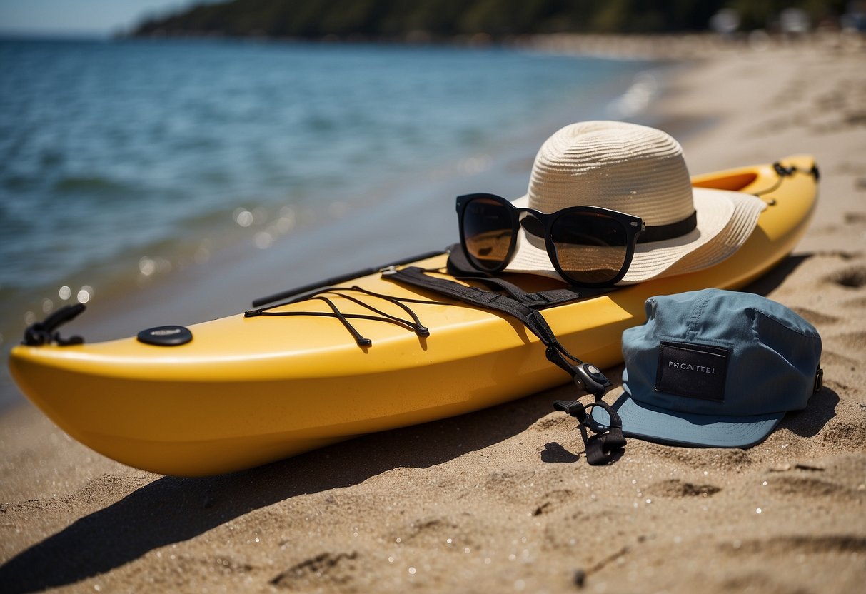 A sunny beach with calm waters, a kayak with lightweight paddling hats laid out, surrounded by sunscreen and sunglasses