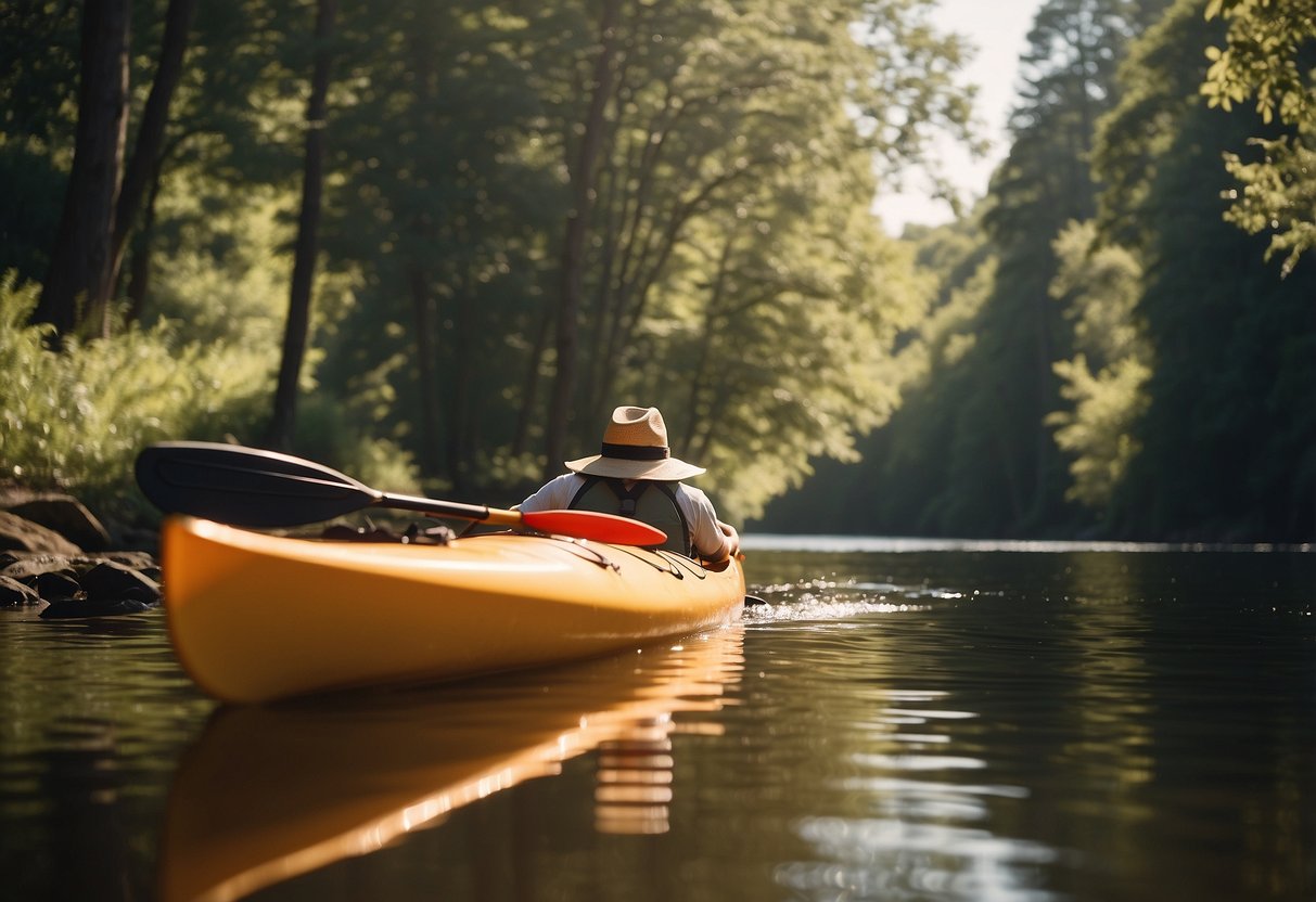 A sunny river scene with a kayak and a lightweight sun hat hanging from a paddle, surrounded by nature and water