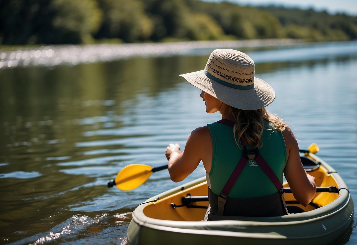 A sunny day on a calm river, with a person wearing a Patagonia Baggies Brimmer Hat for sun protection while paddling