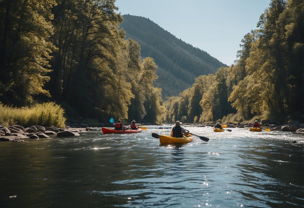 A sunny river with kayakers wearing lightweight paddling hats for sun protection. Clear blue skies and calm waters