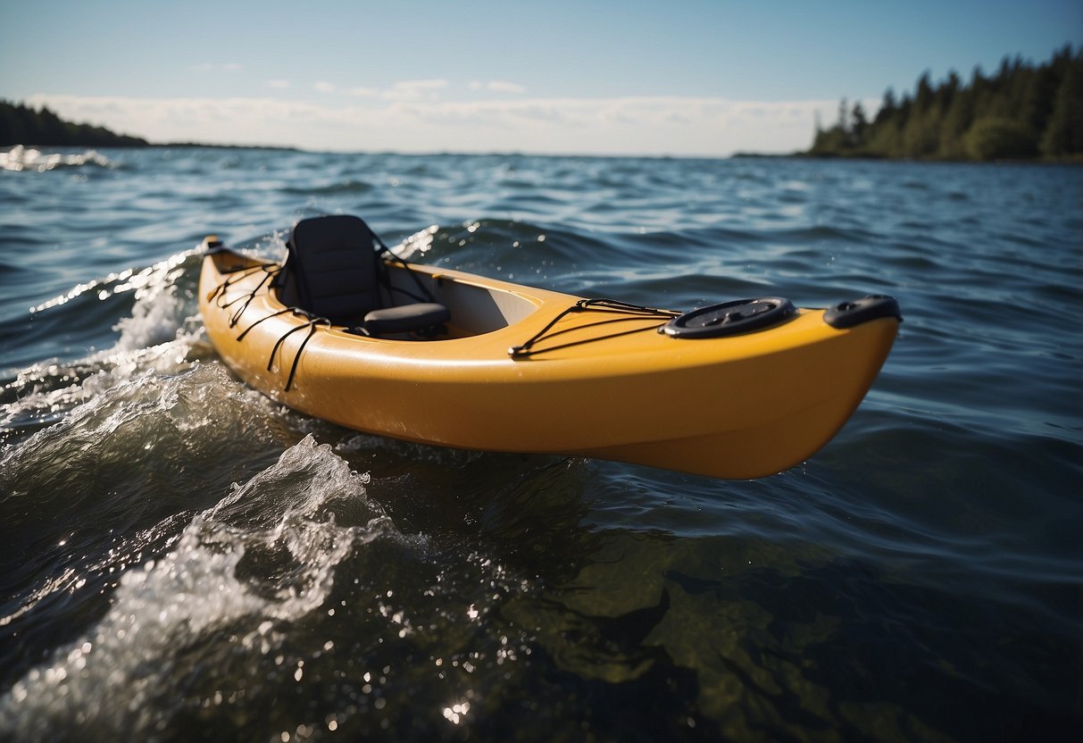 A kayak and a canoe navigate rough waters, one tipping over while the other remains steady, a rescue rope thrown from the shore