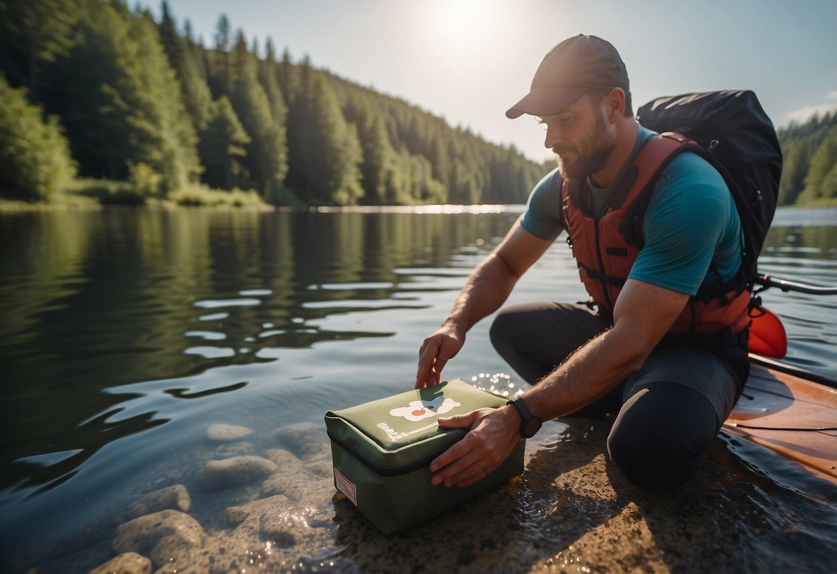 A kayaker opens a waterproof first aid kit on a calm river, surrounded by trees and wildlife