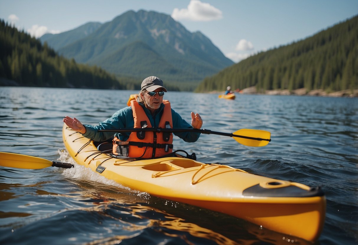 A person's hand reaches for a whistle attached to their life jacket while kayaking in rough waters, signaling for help in an emergency situation