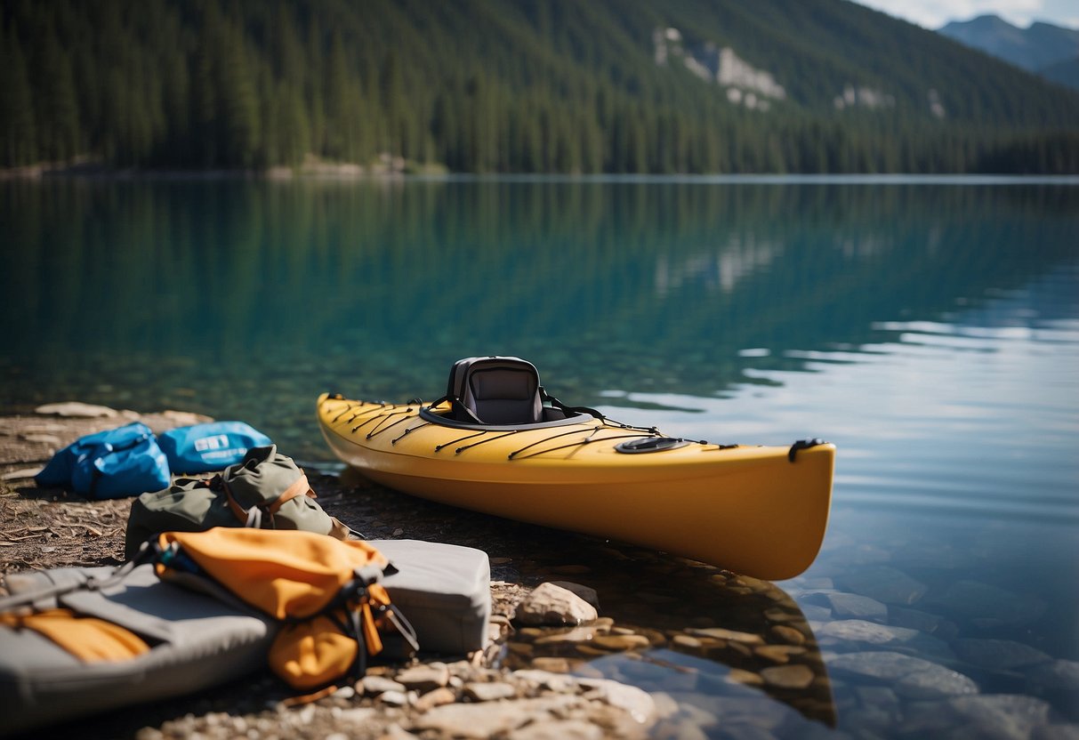 A kayak and a canoe are tied together on a calm, blue lake. A map and emergency kit sit nearby, with a float plan shared with someone