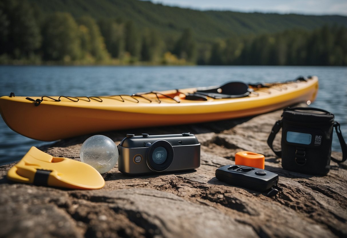 Clear skies, calm waters, kayak and canoe on shore, weather monitoring device nearby, emergency kit visible, safety instructions posted