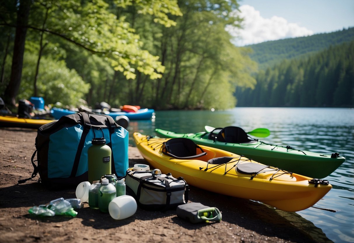 A kayak and canoe are surrounded by water bottles and hydration packs. Emergency supplies are neatly stored in compartments