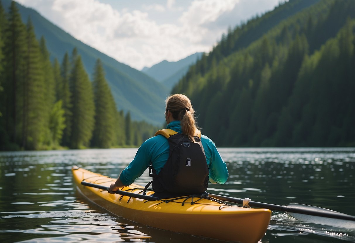 A kayaker paddling through calm waters, stretching their arms and torso to relieve sore muscles. A backpack with a foam roller and water bottle sits nearby