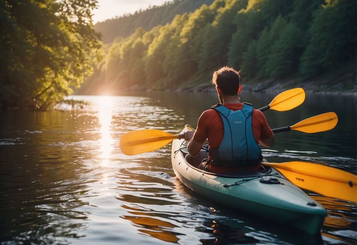 A person paddling a kayak on a calm river, with a water bottle nearby and stretching their muscles. The sun is shining, and the scenery is peaceful