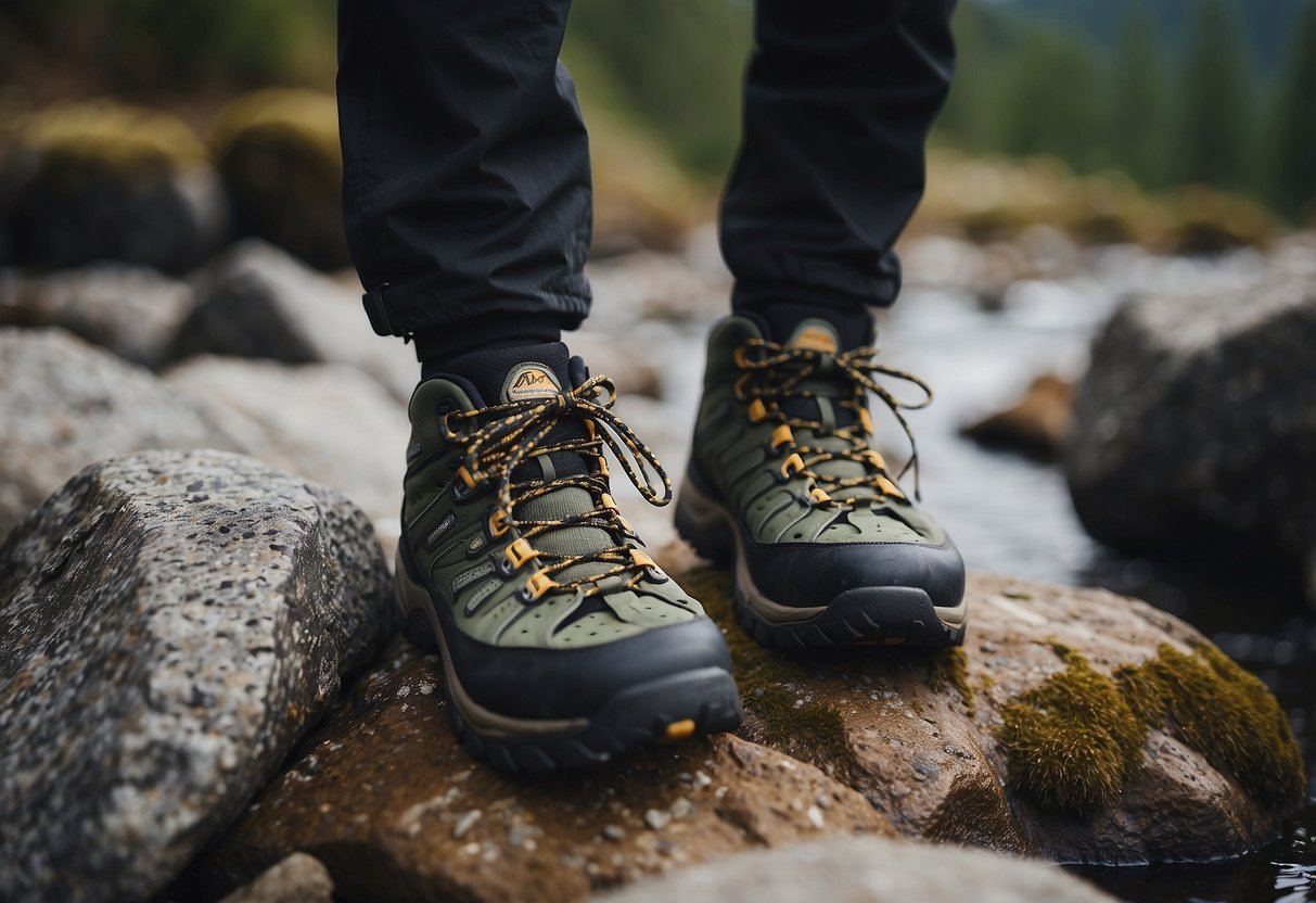 A pair of sturdy paddling shoes on a rugged, rocky terrain. The shoes are well-worn and show signs of use. The rocky terrain is uneven with various sized rocks scattered around