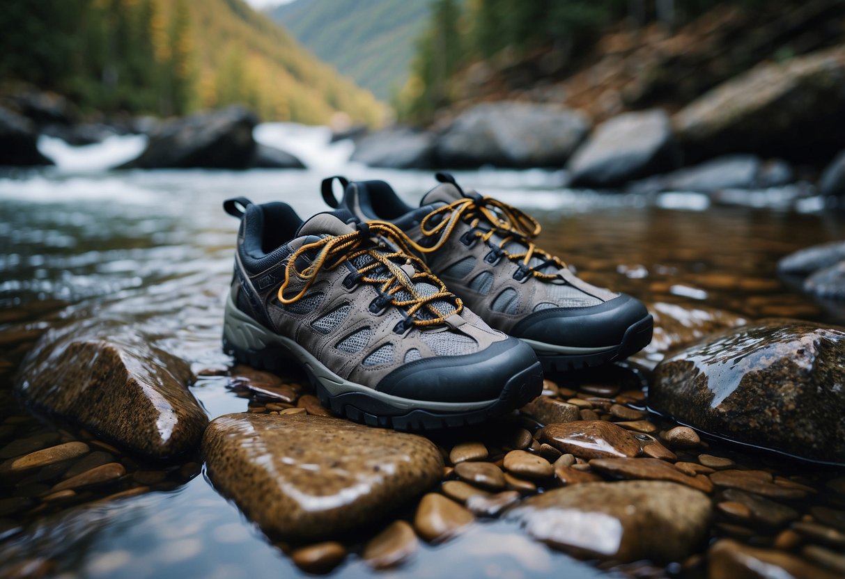 A rugged, rocky terrain with a pair of NRS Kicker Remix 5 paddling shoes positioned prominently in the center. The shoes are surrounded by jagged rocks and rushing water, evoking a sense of adventure and durability