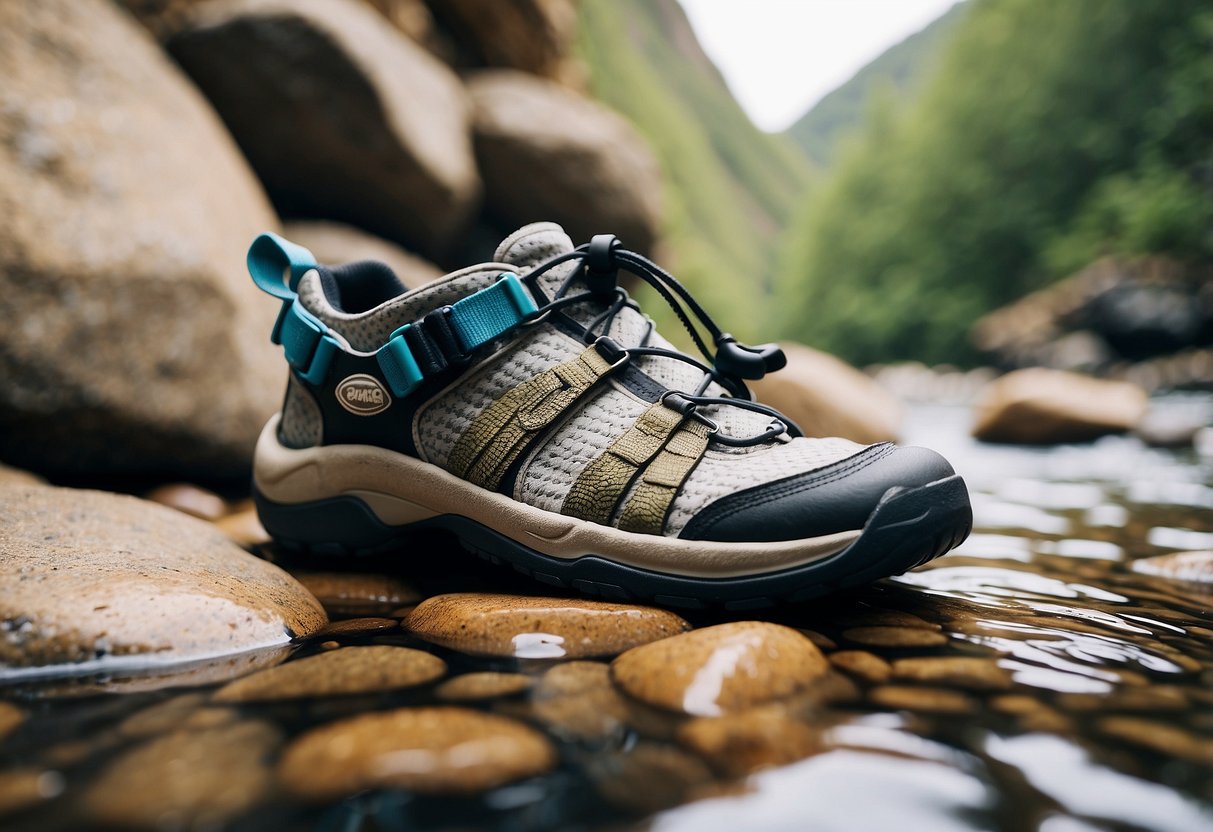 A rocky terrain with a pair of Chaco Outcross Evo 2 5 paddling shoes placed on a rugged surface, surrounded by water and rocky cliffs