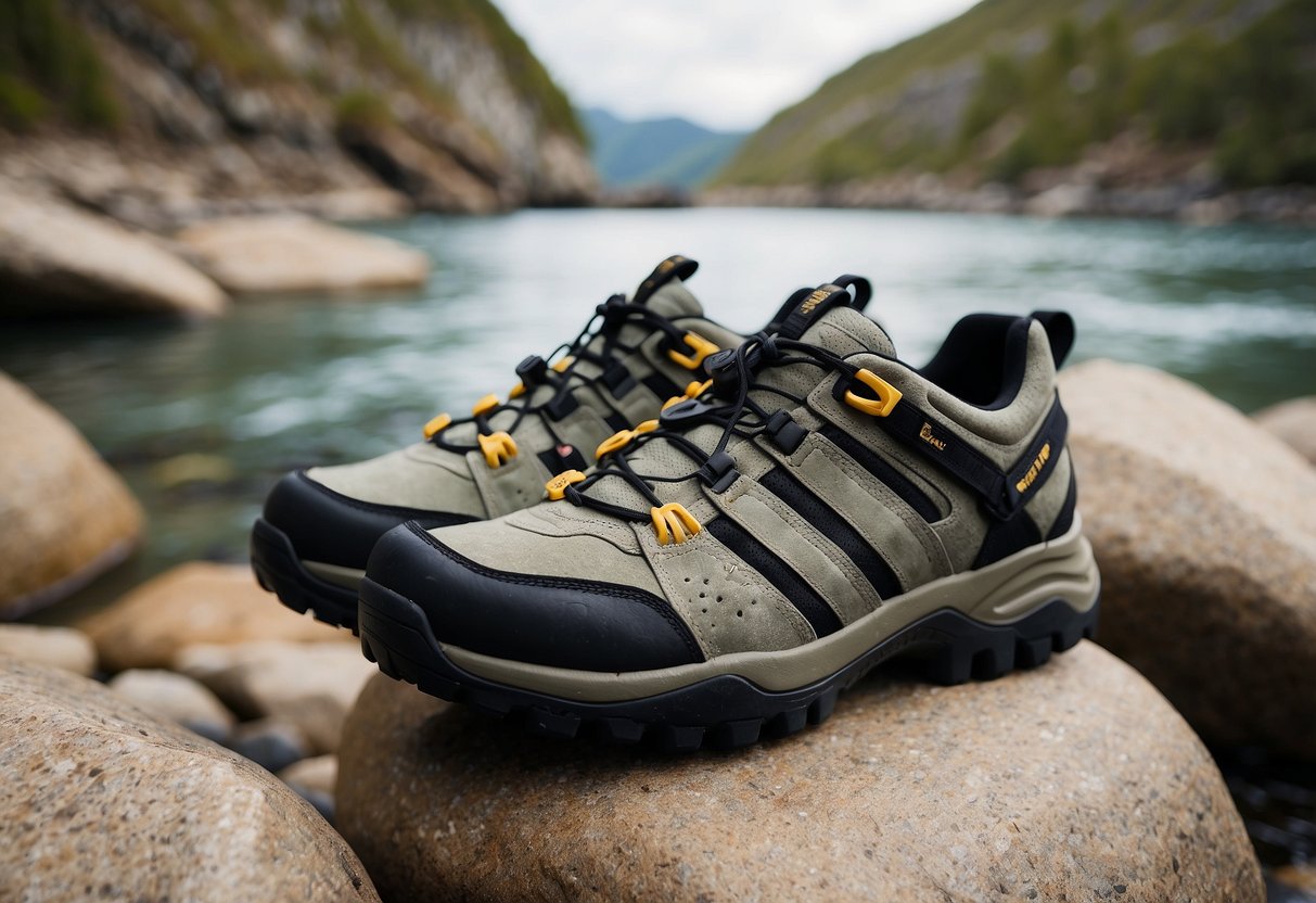 A pair of Five Ten Eddy Pro 5 paddling shoes on rocky terrain by the water's edge. The shoes are surrounded by rugged rocks and the water is gently lapping against the shore