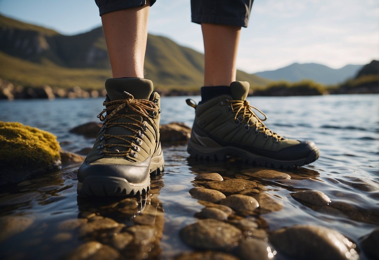 Rugged terrain with jagged rocks, a pair of sturdy paddling shoes navigating through the uneven surface, emphasizing the importance of proper footwear for rocky terrain