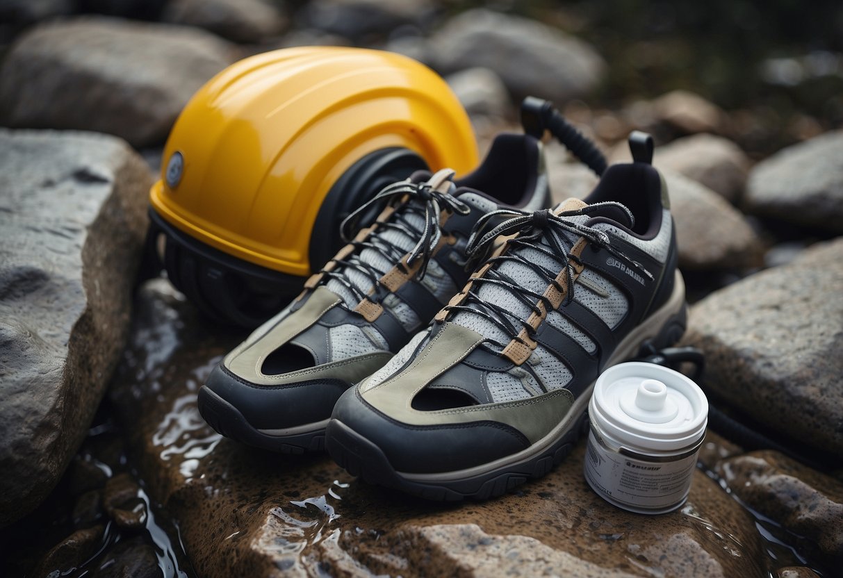 Paddling shoes laid out with cleaning brush, waterproofing spray, and storage bag on rocky terrain