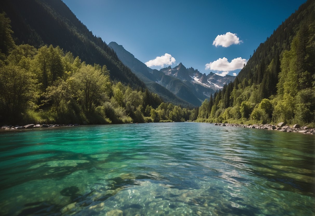 Crystal clear waters flow through lush green valleys, surrounded by towering mountains. Kayaks and canoes glide peacefully along the serene river, with native birds singing in the background