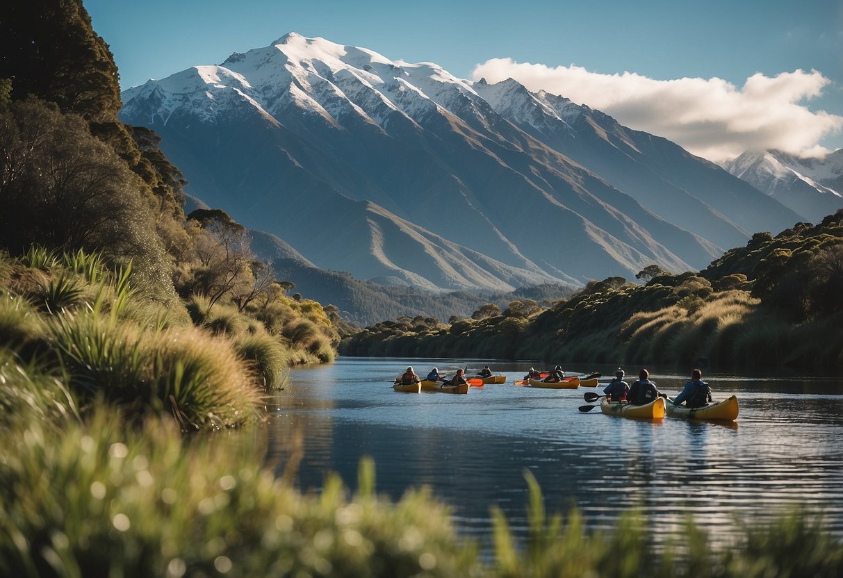 A serene river winds through lush native bush, with kayaks and canoes gliding peacefully on the water. Snow-capped mountains loom in the distance, showcasing New Zealand's stunning natural beauty