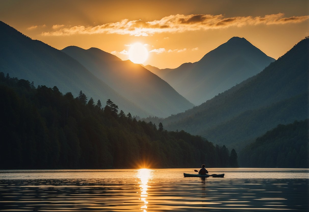 A kayak glides through calm waters surrounded by towering mountains and lush forests. The sun sets in the distance, casting a warm glow over the serene scene