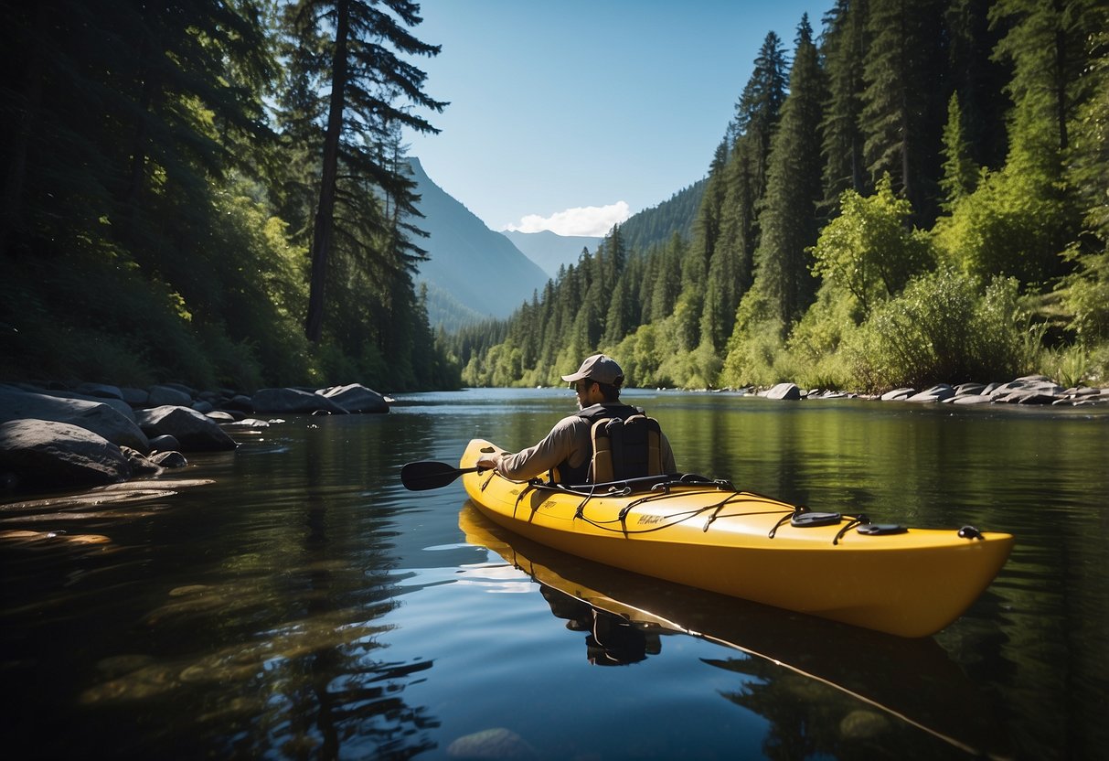 A kayak loaded with compact camping gear glides through a serene, remote waterway surrounded by lush greenery and towering mountains