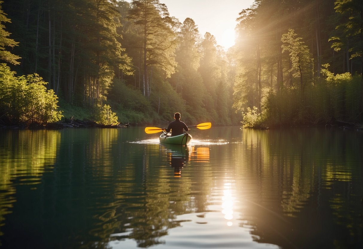 A kayak glides through calm, remote waters surrounded by lush, untouched wilderness. The sun casts a warm glow over the tranquil scene, as the paddler navigates through the serene landscape