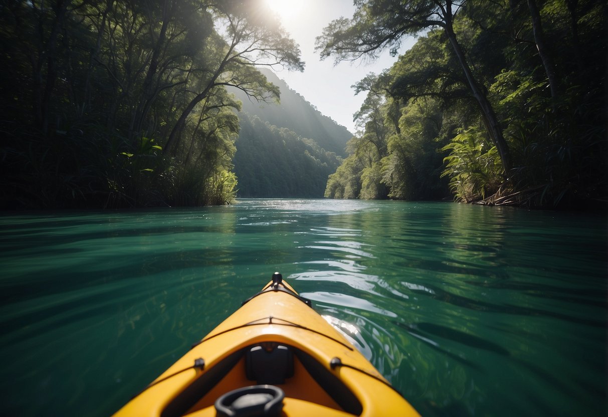 A kayak loaded with food supplies navigates through a serene, remote waterway. The lush, untouched wilderness surrounds the paddler, creating a sense of isolation and adventure