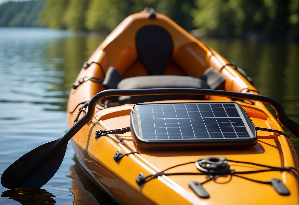 A kayak sits on a calm, remote lake surrounded by lush greenery. A solar charger is attached to the kayak, soaking up the sun's rays