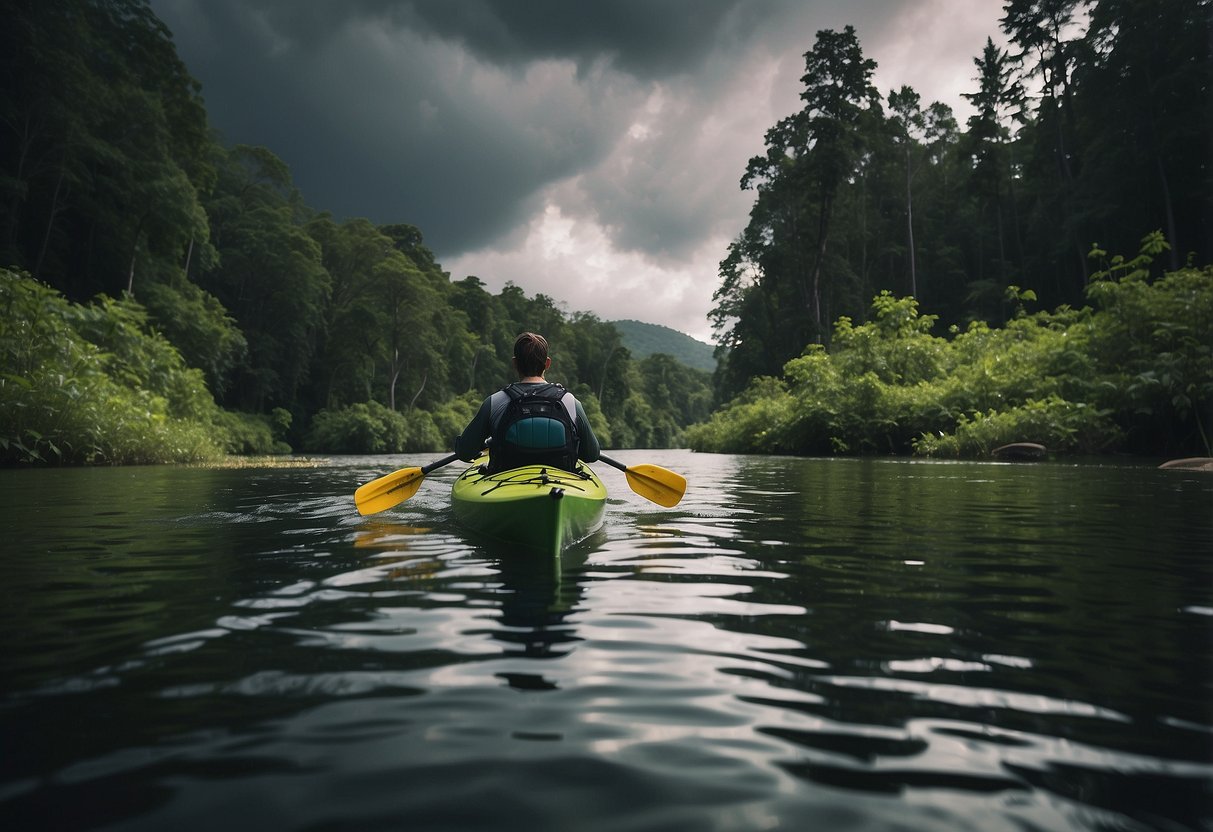 A kayak glides through a serene, remote waterway surrounded by lush greenery. Dark clouds loom overhead, hinting at the need to stay weather aware