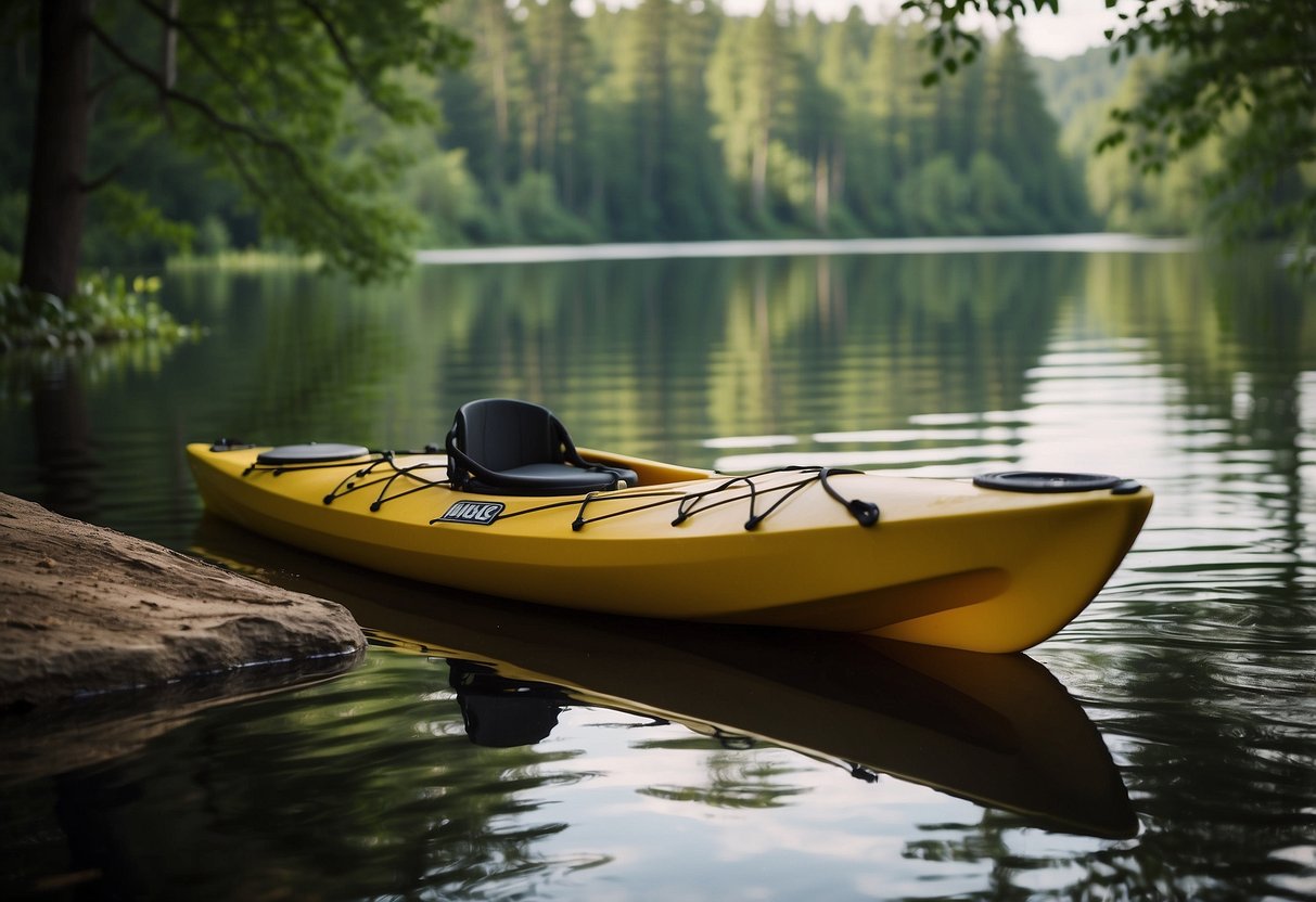 A kayak sits on a serene lake surrounded by lush green trees. Emergency equipment, including a first aid kit and a rescue throw rope, is neatly organized nearby