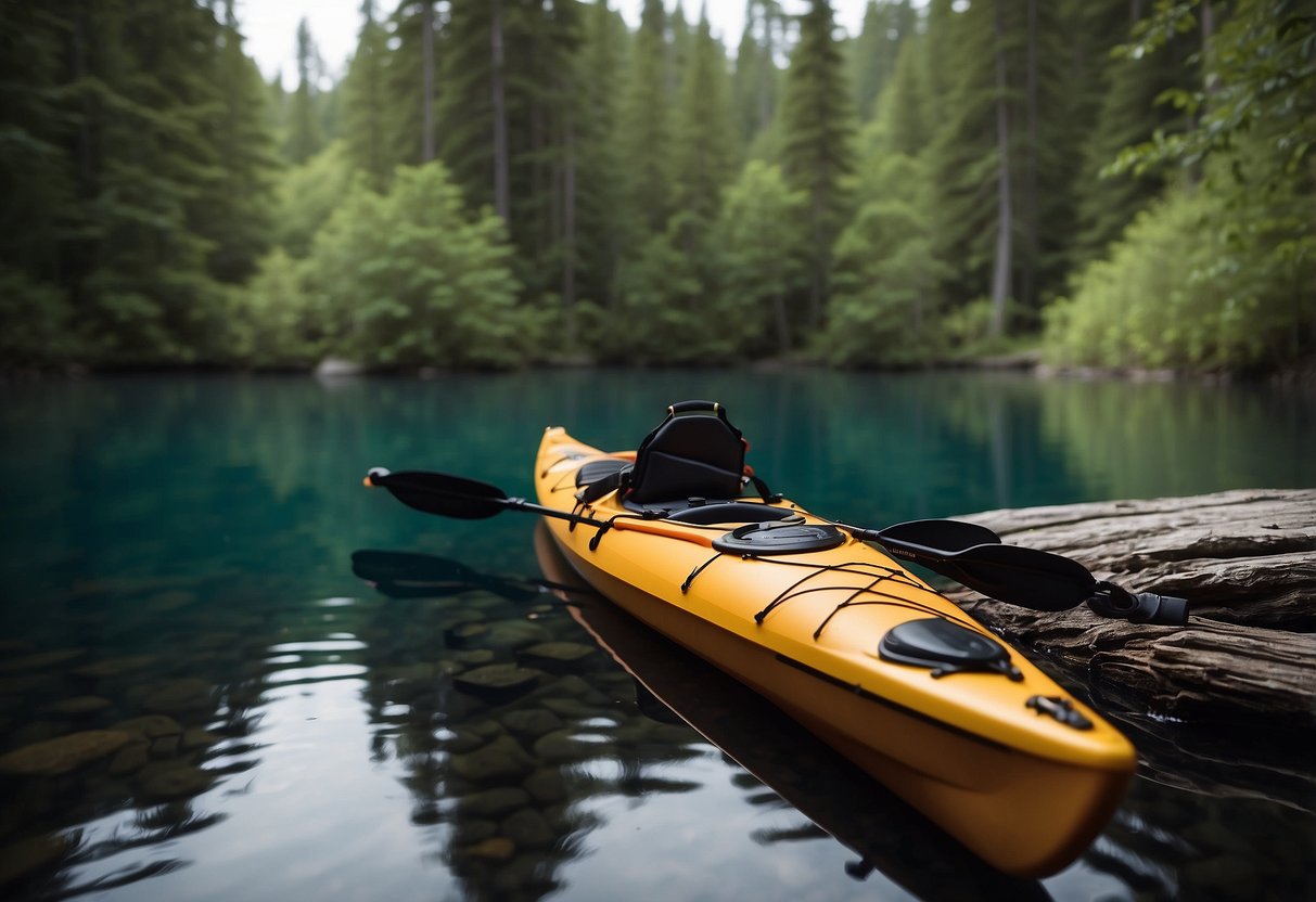 A kayak with a waterproof bag, map, and compass. Paddle, life jacket, and emergency whistle. Remote wilderness with trees and a calm river