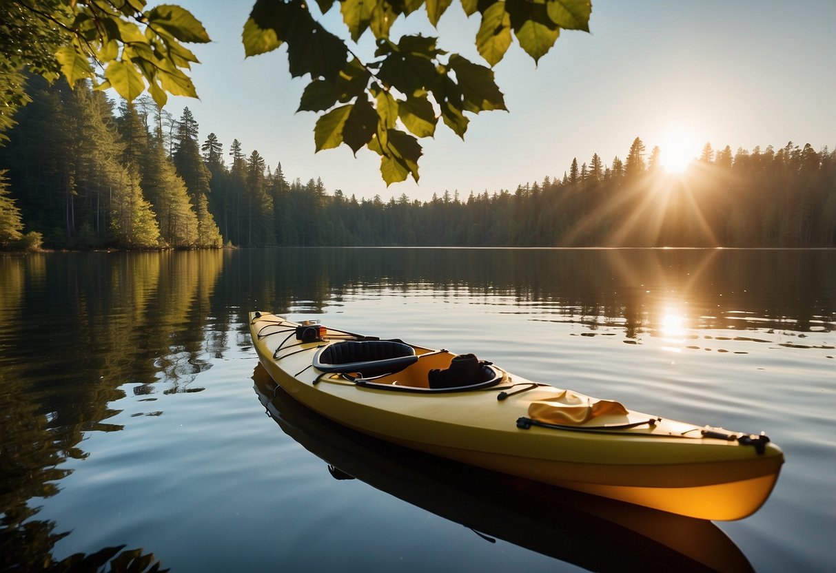 A kayak floats on calm water surrounded by dense forest. A map and compass sit on the deck, with a first aid kit and emergency whistle nearby. The sky is clear, and the sun shines down on the peaceful scene