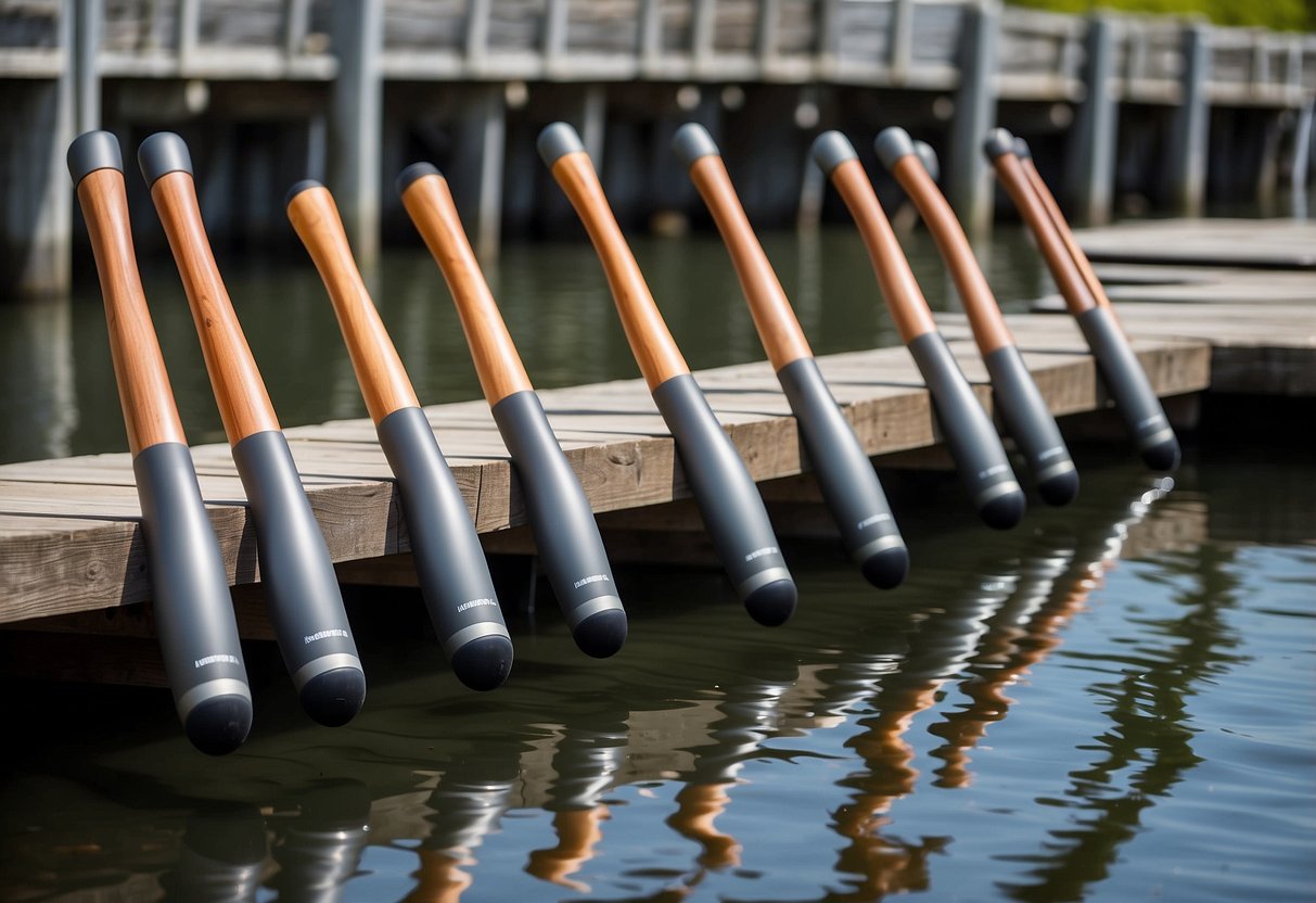 Five sleek paddling poles rest against a wooden dock, their lightweight design evident in the way they effortlessly lean against each other