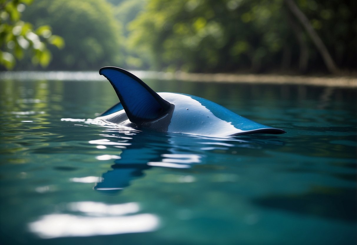 A bright blue Manta Ray paddle floats on calm water, surrounded by lush greenery and gentle ripples