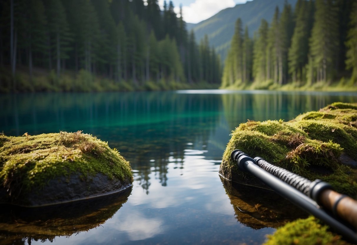 A serene lake reflecting the vibrant colors of the surrounding forest. A pair of Werner Camano Premium 5 lightweight paddling poles resting on a moss-covered rock by the water's edge