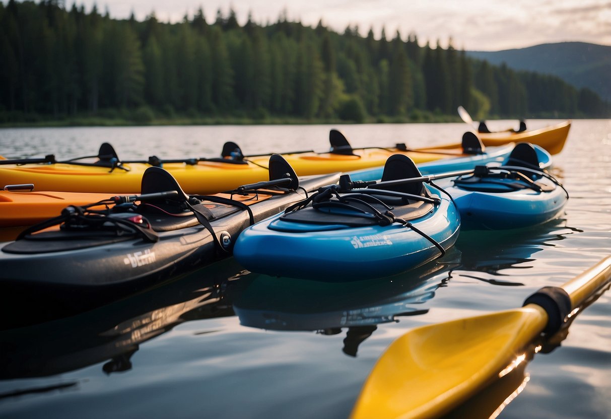 Five sleek Carlisle Magic Plus paddling poles rest against a vibrant kayak, ready for adventure