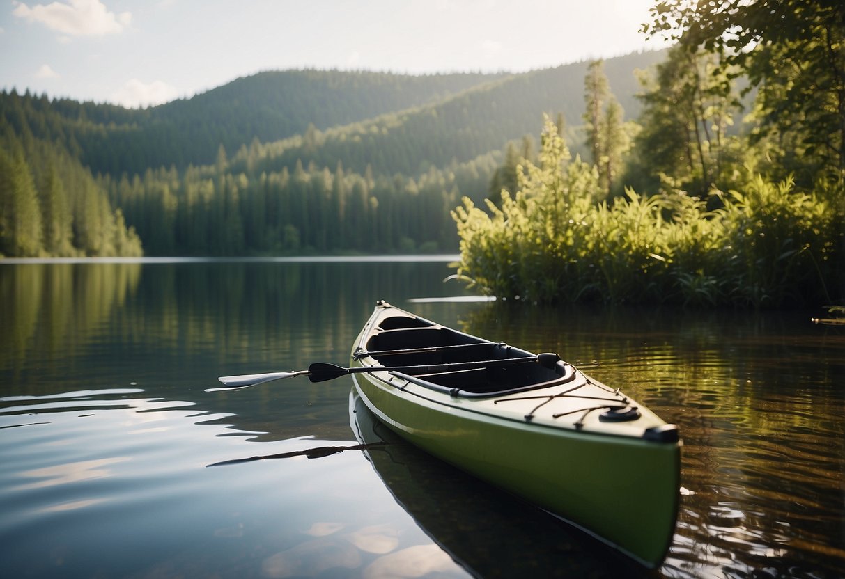 A serene lake with a kayak docked, surrounded by lush greenery. A lightweight paddling pole leans against the kayak, ready for use