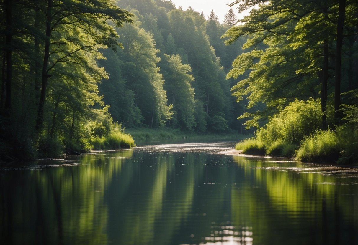 A serene river winding through a lush forest, with sunlight dappling the water's surface. Canoes and kayaks gliding peacefully, surrounded by vibrant greenery and the sounds of nature