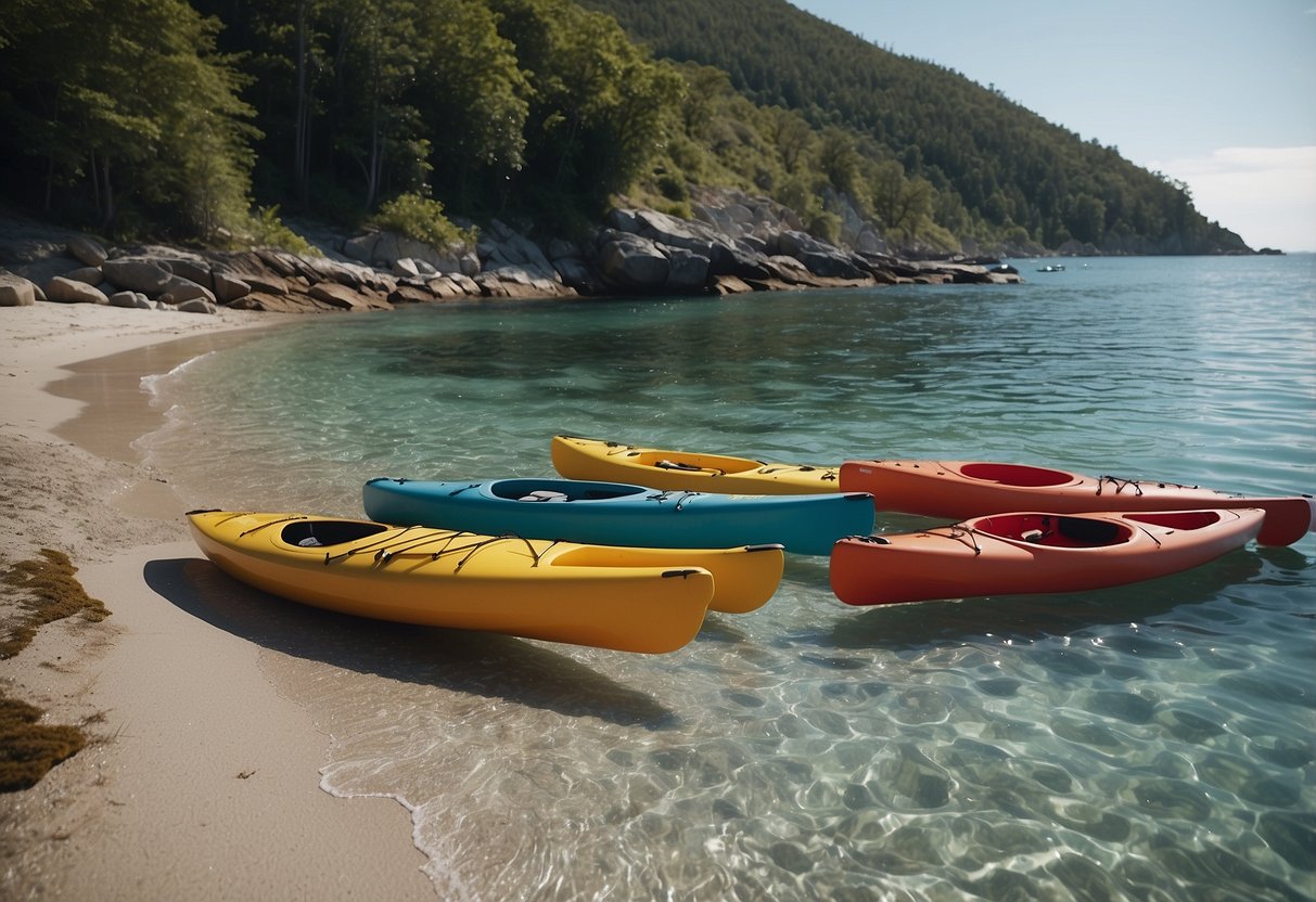 Crystal clear waters lap gently against the rocky shore of a secluded coastal cove. Lush greenery surrounds the peaceful scene, with kayaks and canoes resting on the sandy beach