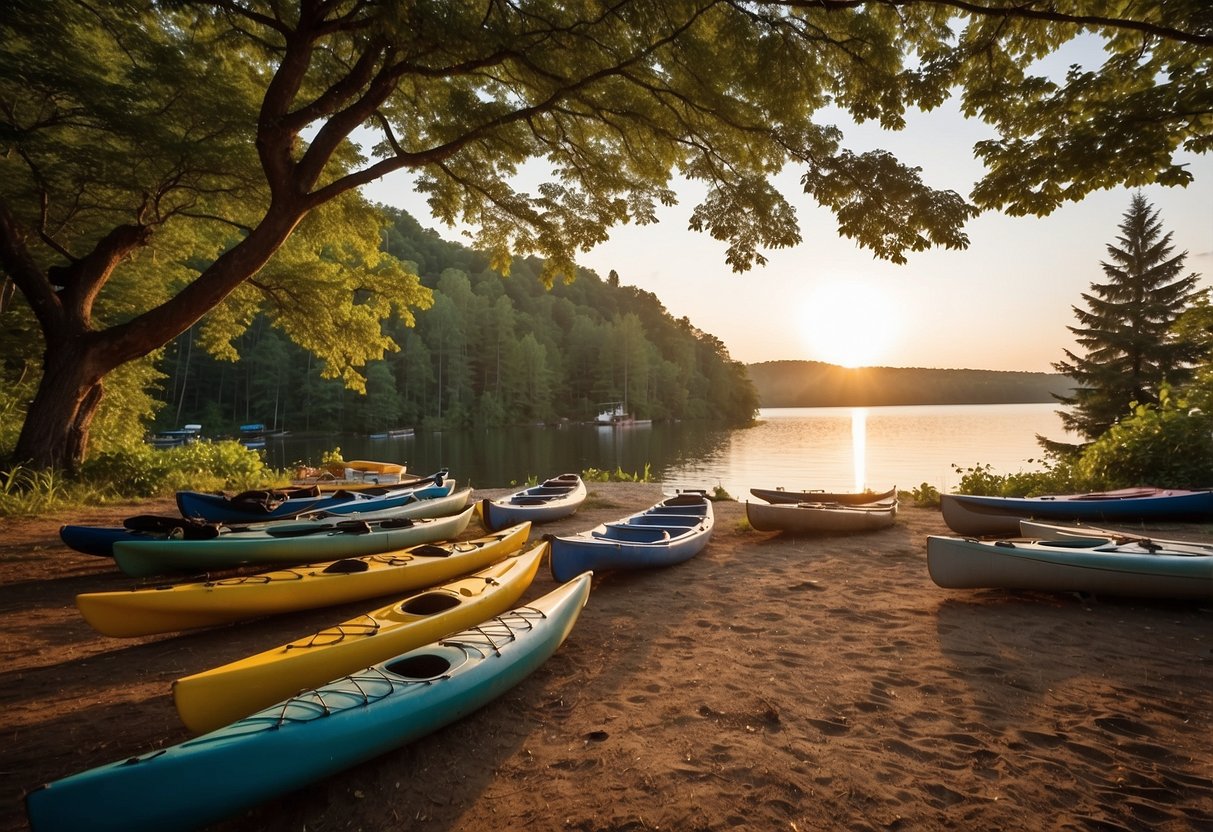 Campsite along calm waterfront with kayaks and canoes, surrounded by lush greenery and wildlife. Sun setting in the background, peaceful and serene atmosphere