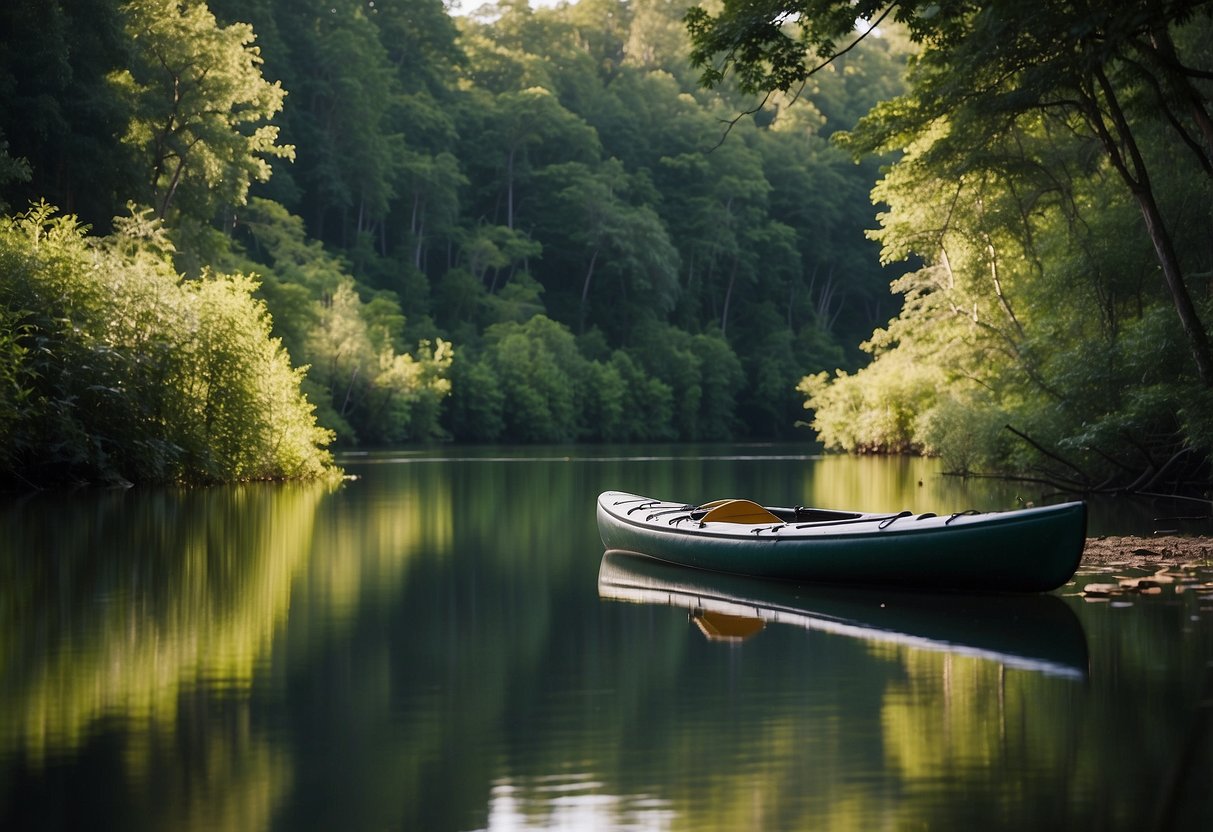 A serene river scene with a kayak or canoe in a secluded spot, surrounded by lush greenery and calm waters, with a fishing rod and line cast out into the water