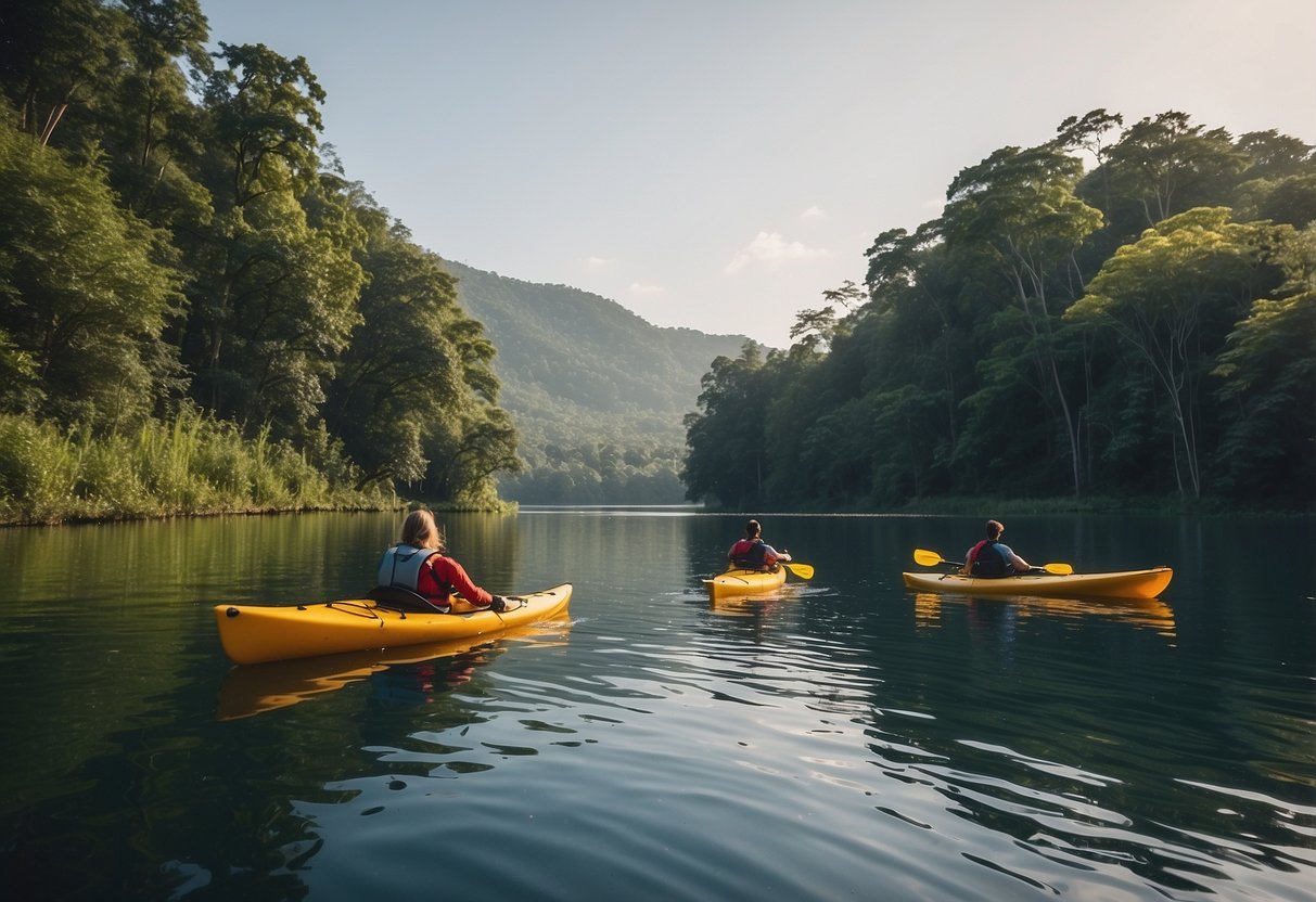 Kayaks and canoes glide through serene waters, surrounded by lush greenery and wildlife. A diverse ecosystem thrives beneath the surface, as birds soar overhead