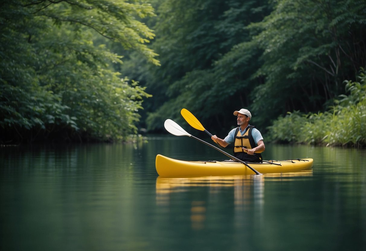 Paddler peacefully gliding on calm water, surrounded by lush greenery. Insects hover around, but paddler remains unfazed, using gentle movements to ward them off