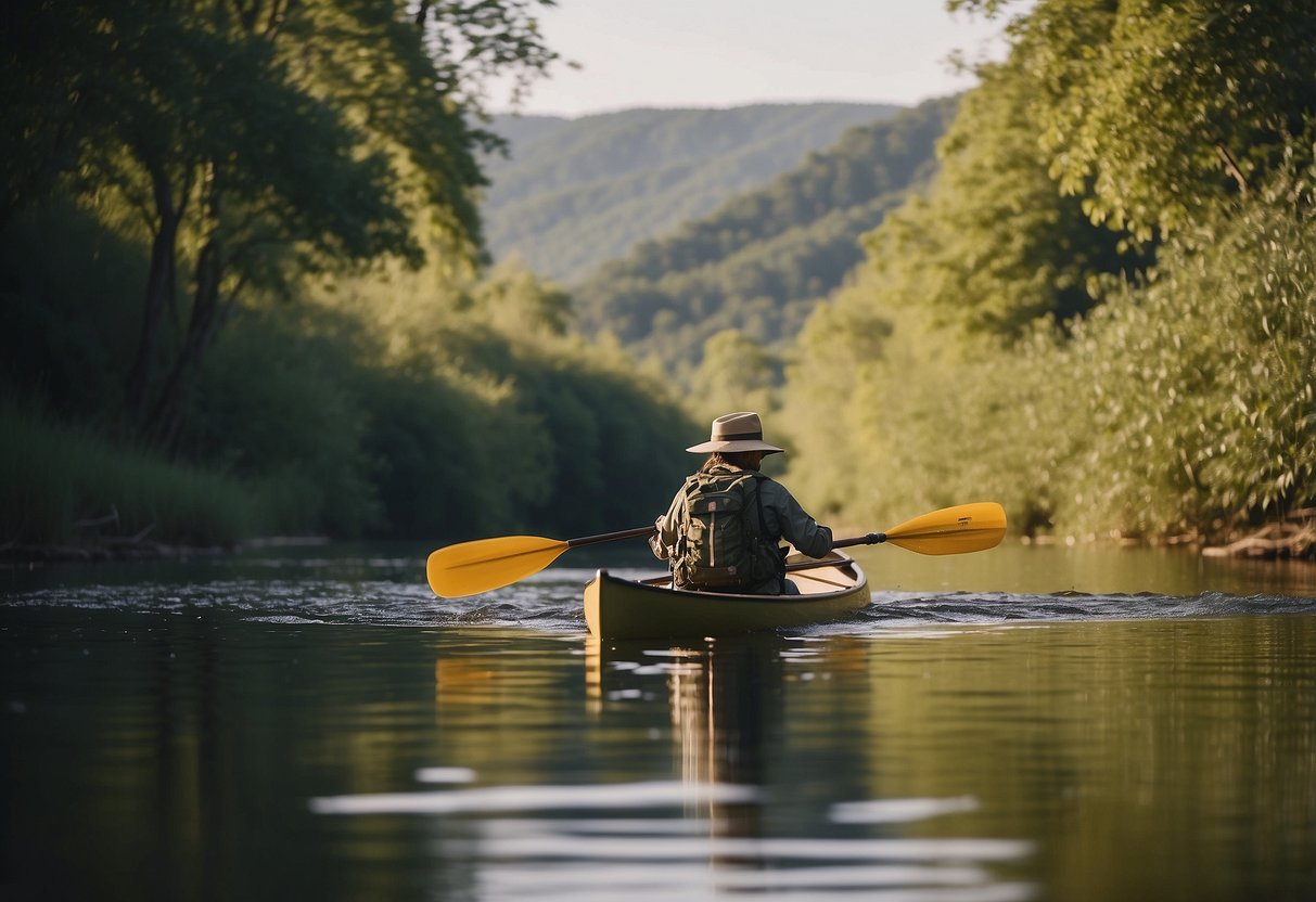 A person in bug-resistant clothing paddling on a calm river, surrounded by trees and bushes. Insects hover around, but the person remains undisturbed