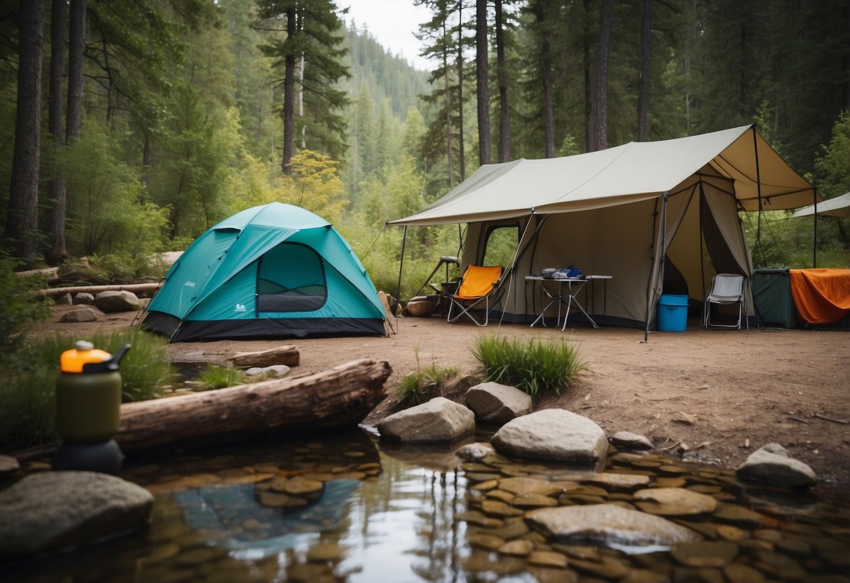 A campsite near flowing water, with bug repellent and mesh screens on tents. Canoe and paddles nearby