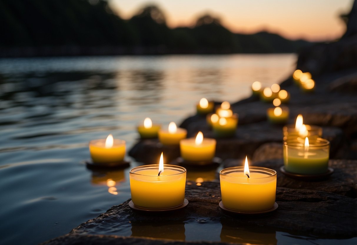 Citronella candles flicker on a calm evening by the water, repelling insects while paddling. The soft glow creates a peaceful ambiance in the outdoor setting